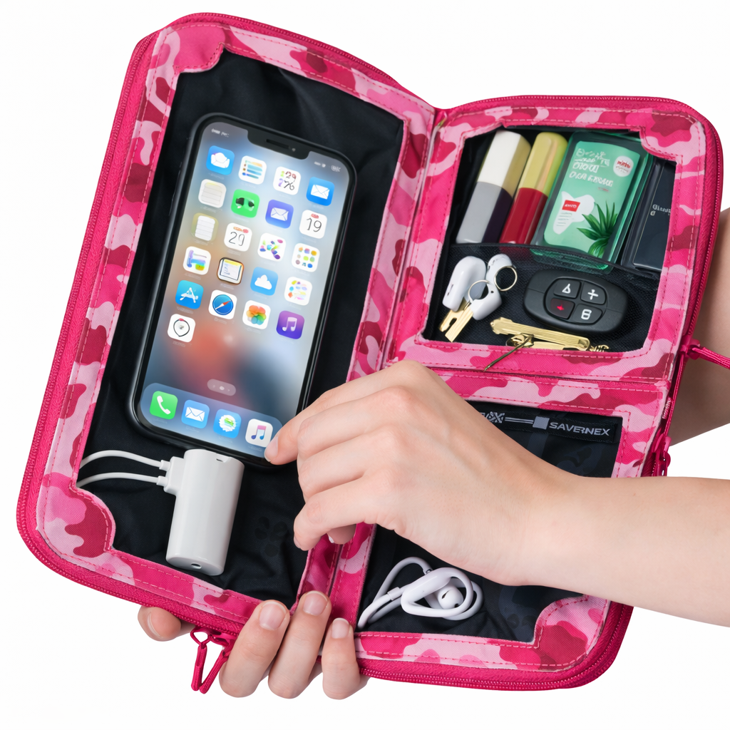 Pink camo neoprene crossbody bag detail — Vitale by Myriad Eros.