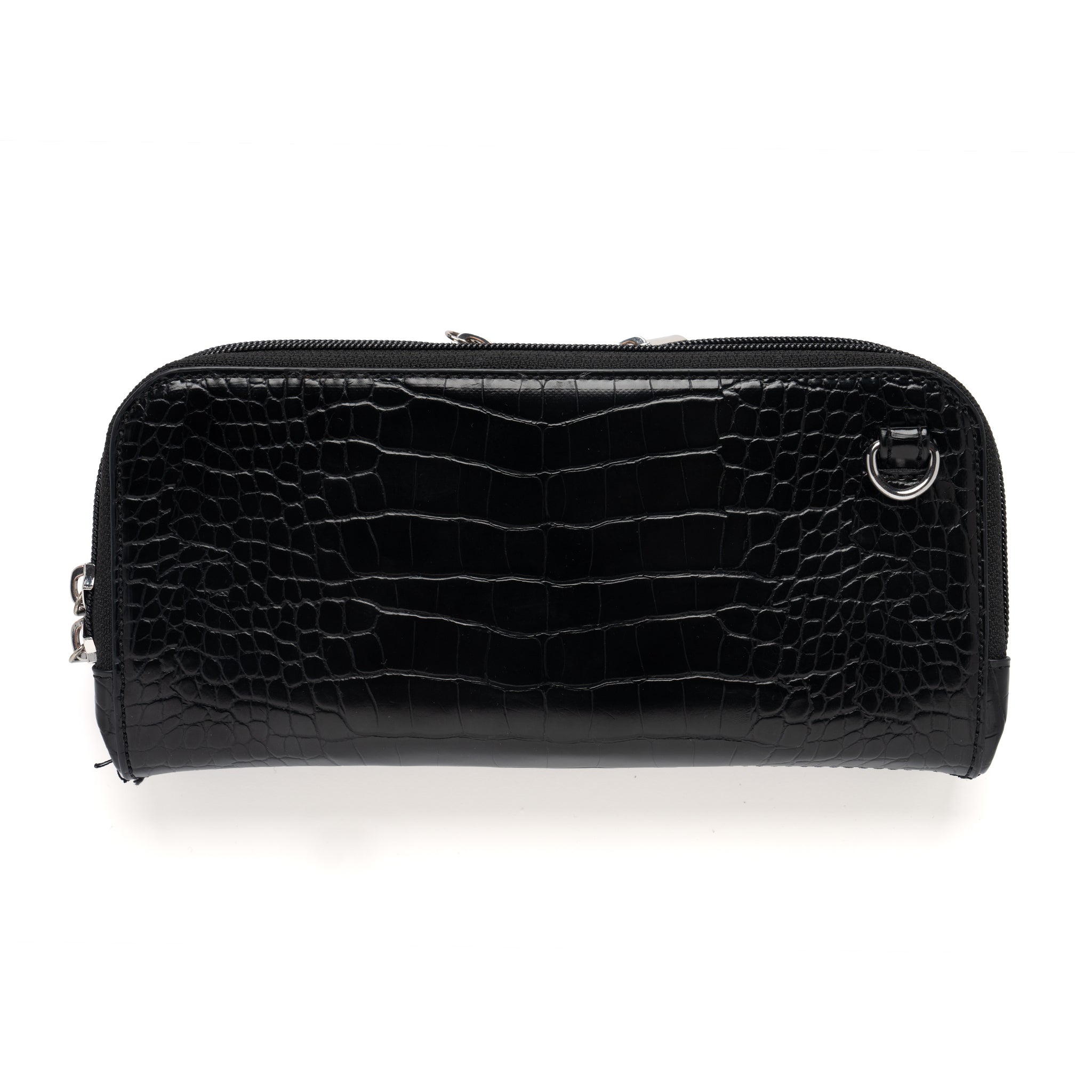 9x9-inch Osmand crossbody bag made from croco-embossed man-made leather (PU) in a sleek design. The bag features three compartments for organized storage, gold hardware for a sophisticated look, and a detachable chain strap laced with PU leather for hands-free wear. Interior lined with easy-to-clean material, perfect for daily use or special occasions. Pre-order now for shipping in January 2025.