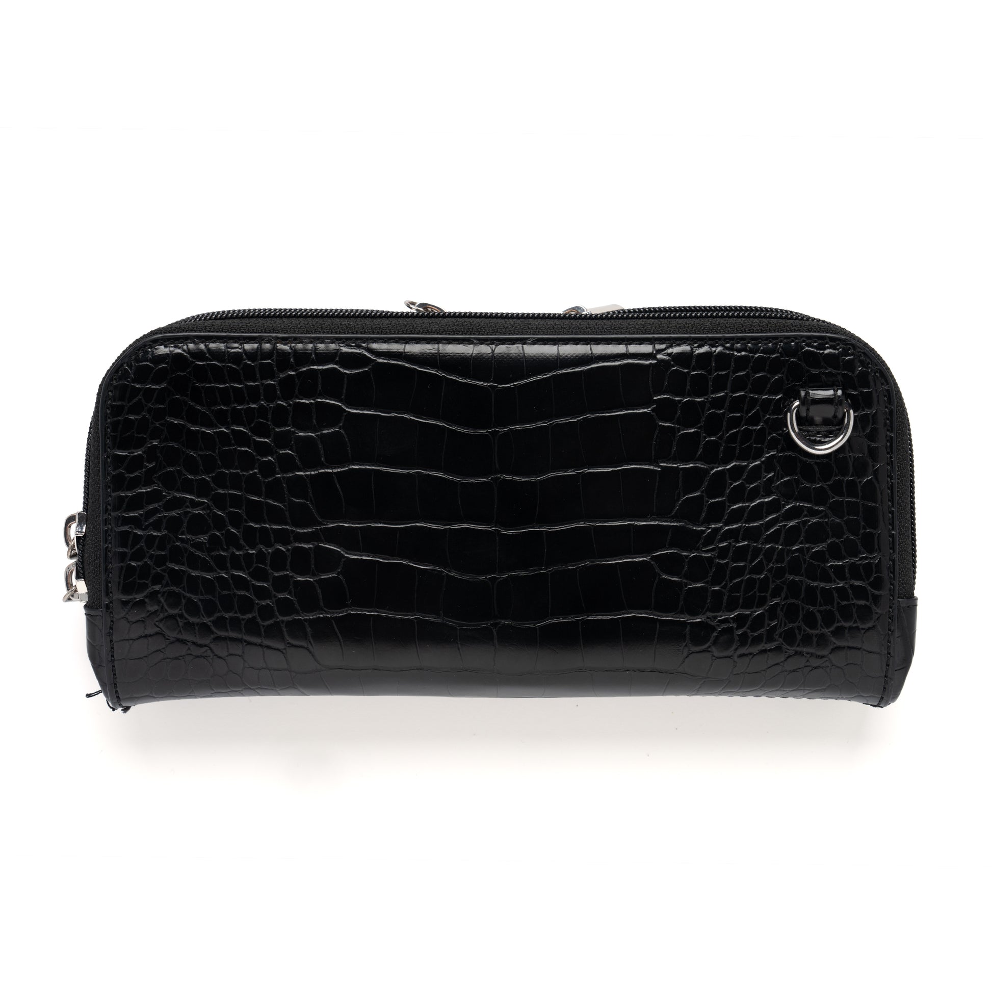 9x9-inch Osmand crossbody bag made from croco-embossed man-made leather (PU) in a sleek design. The bag features three compartments for organized storage, gold hardware for a sophisticated look, and a detachable chain strap laced with PU leather for hands-free wear. Interior lined with easy-to-clean material, perfect for daily use or special occasions. Pre-order now for shipping in January 2025.