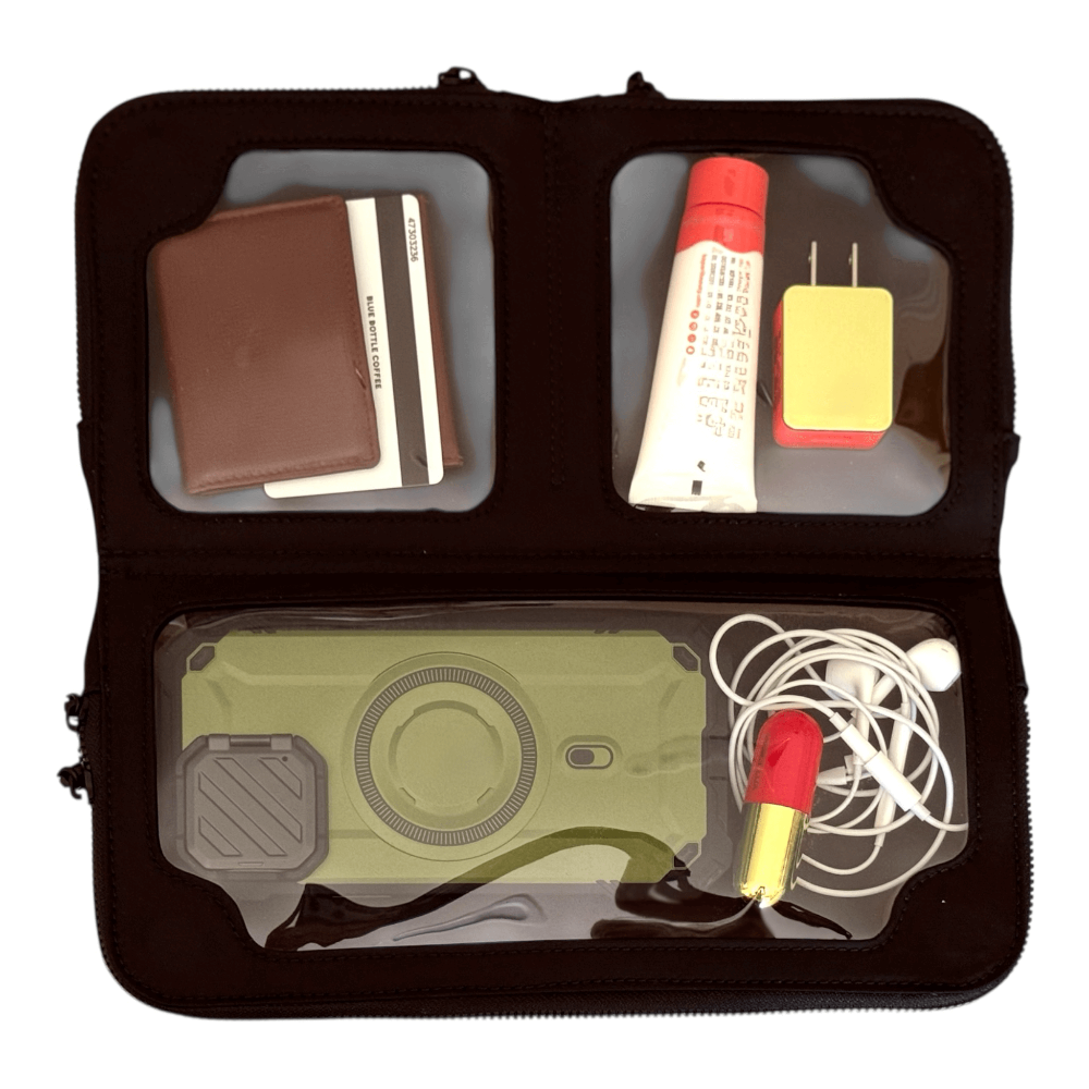 Vitale by Myriad black shoulder bag open showing organized compartments - premium nylon with travel essentials