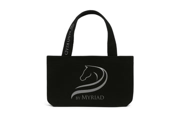 Black canvas tote bag with the by Myriad logo in reflective silver