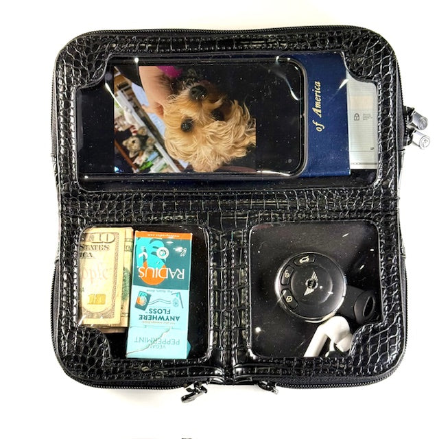 Vitale by Myriad black crocodile pattern clutch interior open showing organized compartments - vegan leather with phone, cards, and personal items