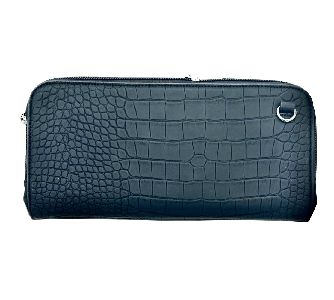 Vitale by Myriad black crocodile pattern clutch product shot - vegan leather handbag with organized compartments