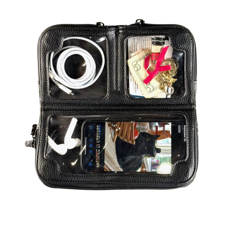 Vitale by Myriad black pebble vegan leather shoulder bag open showing organized compartments - with camera, phone, money, and keys