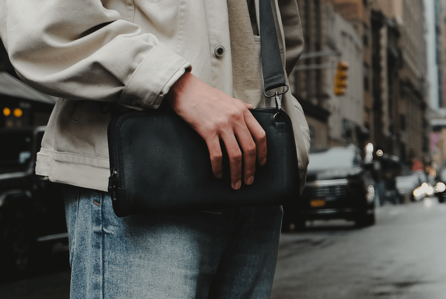 Vitale by Myriad black shoulder bag lifestyle shot - premium nylon handbag with organized compartments