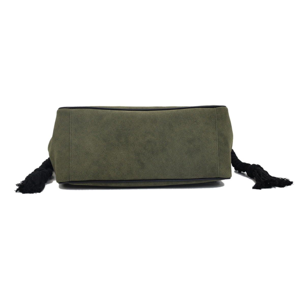 Base of the Bray olive faux suede tote with the rope side cinch ends
