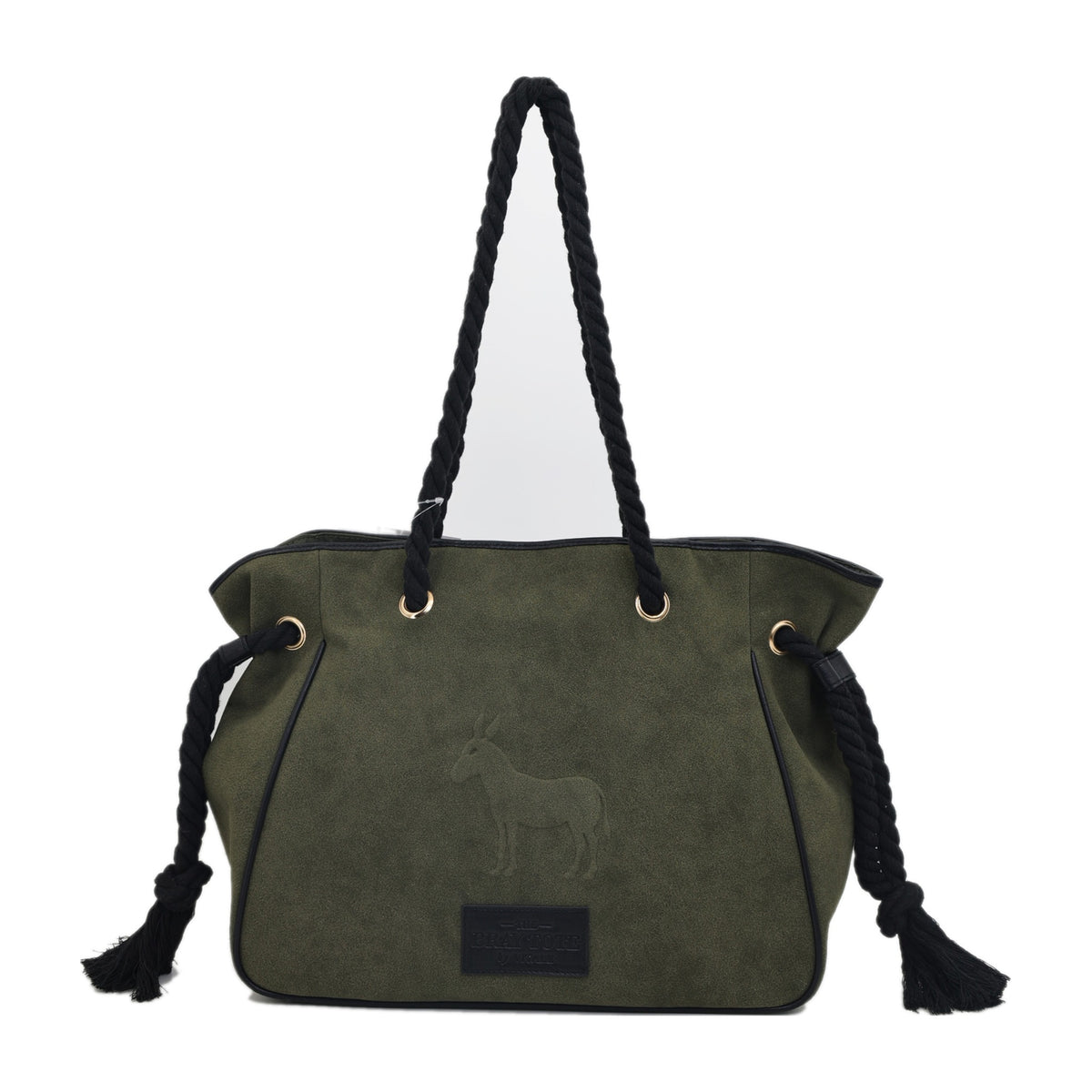 Vitale by Myriad Bray tote in olive faux suede, front view with black twisted-rope straps