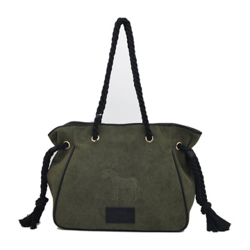 Vitale by Myriad Bray tote in olive faux suede, front view with black twisted-rope straps