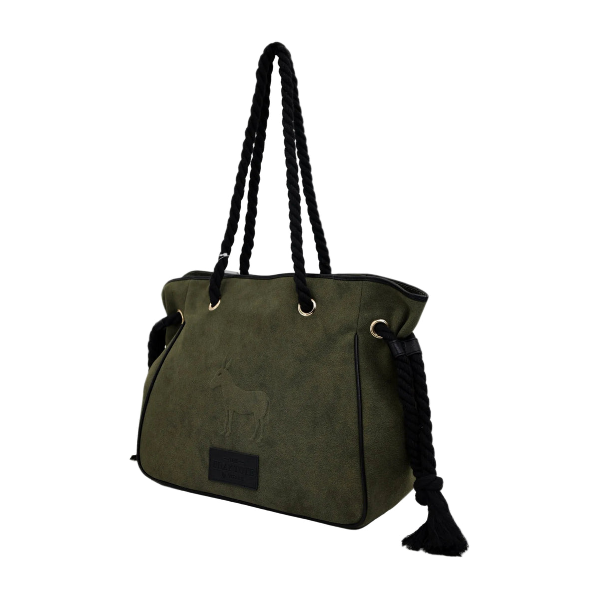 Bray olive faux suede tote, angled side view with a rope side cinch and tassel end