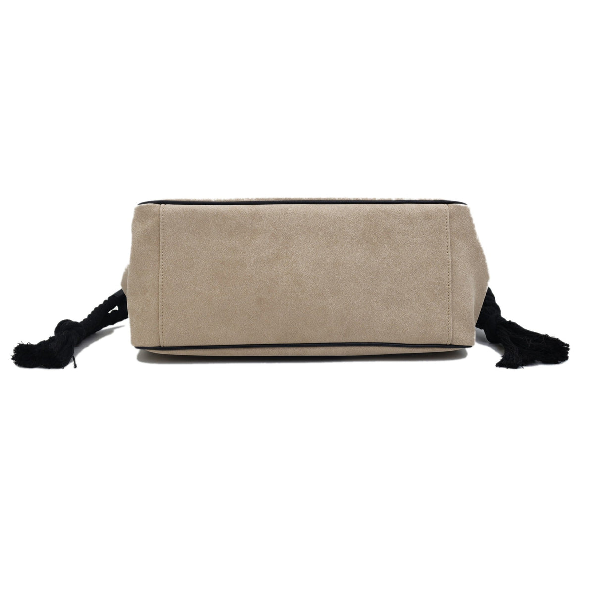 Base of the Bray taupe faux suede tote with the rope side cinch ends