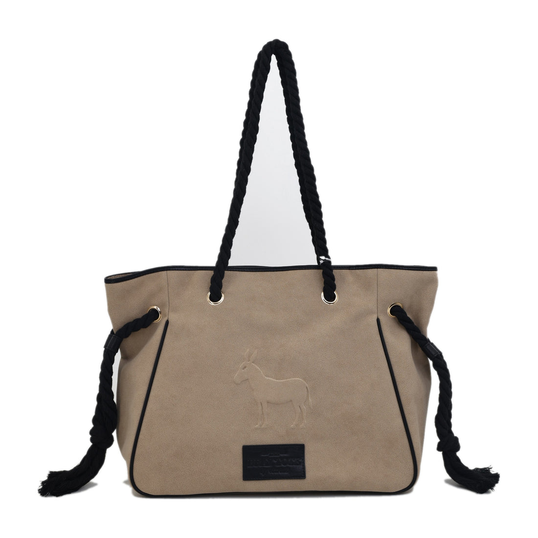 Vitale by Myriad Bray tote in taupe faux suede with an embossed donkey and black twisted-rope straps