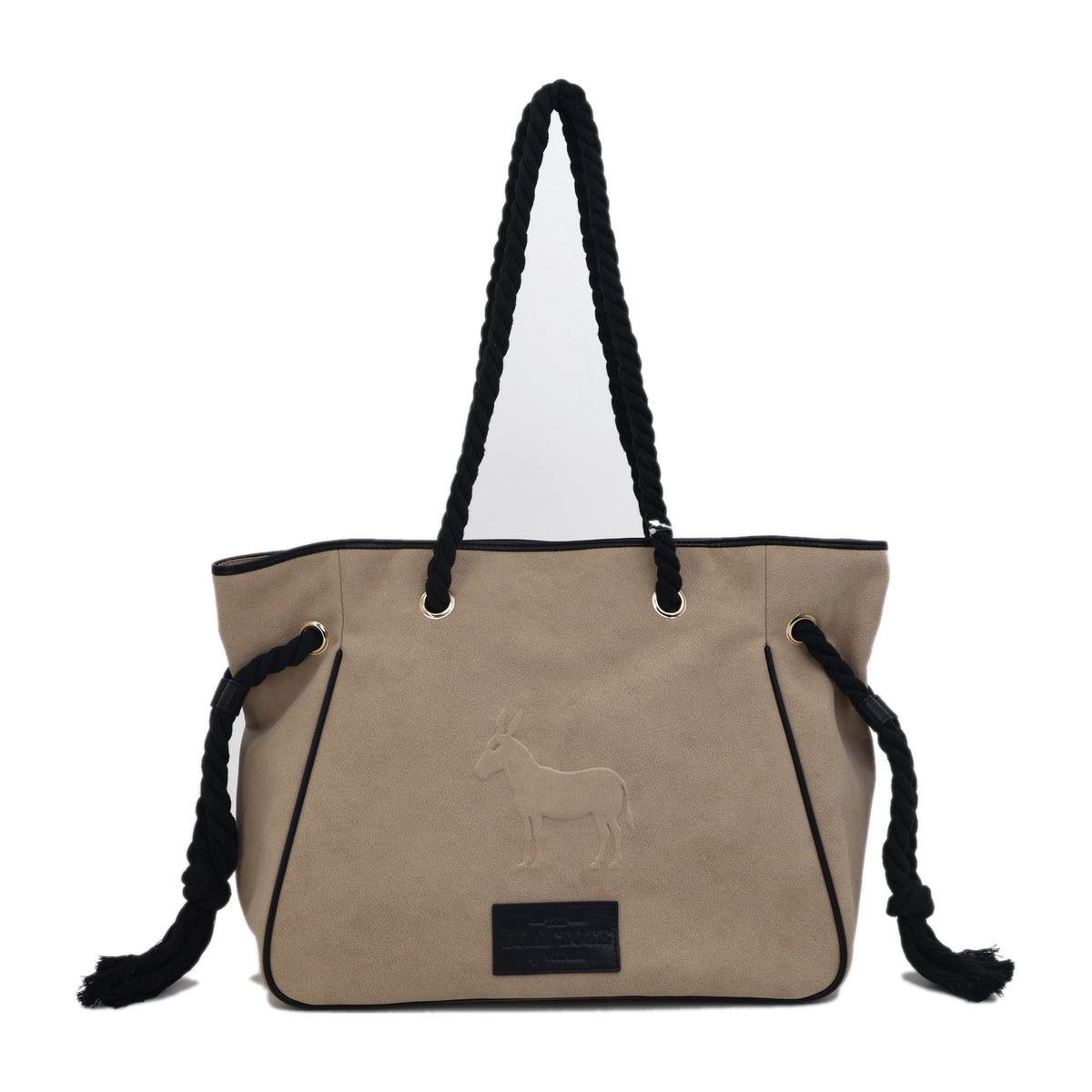 Vitale by Myriad Bray tote in taupe faux suede with an embossed donkey and black twisted-rope straps
