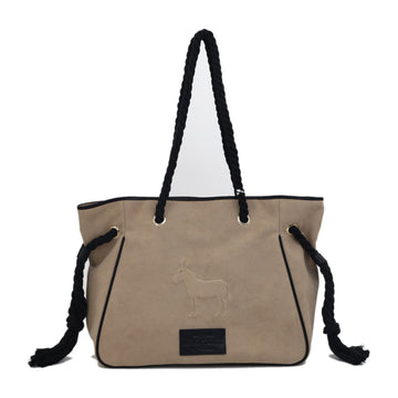 Vitale by Myriad Bray tote in taupe faux suede with an embossed donkey and black twisted-rope straps