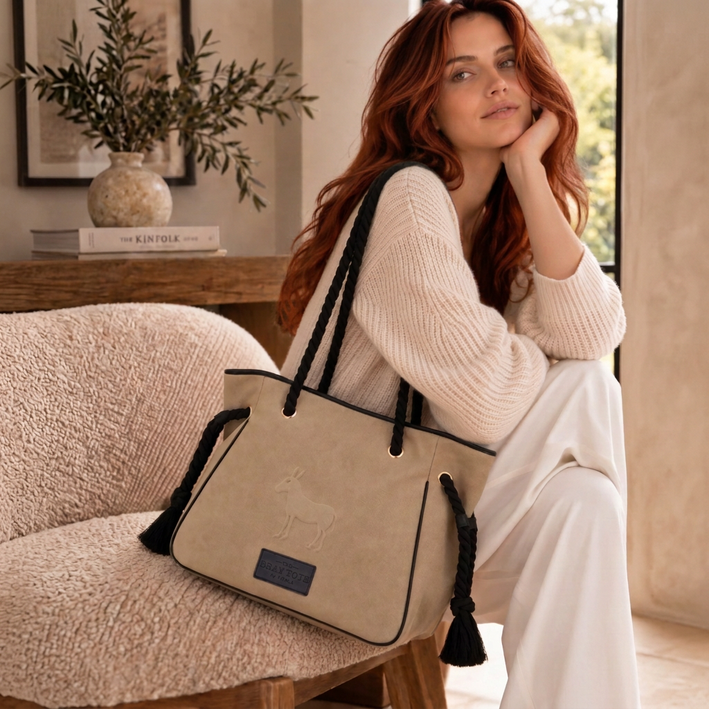 Vitale by Myriad Bray tote in taupe faux suede with an embossed donkey and black twisted-rope straps