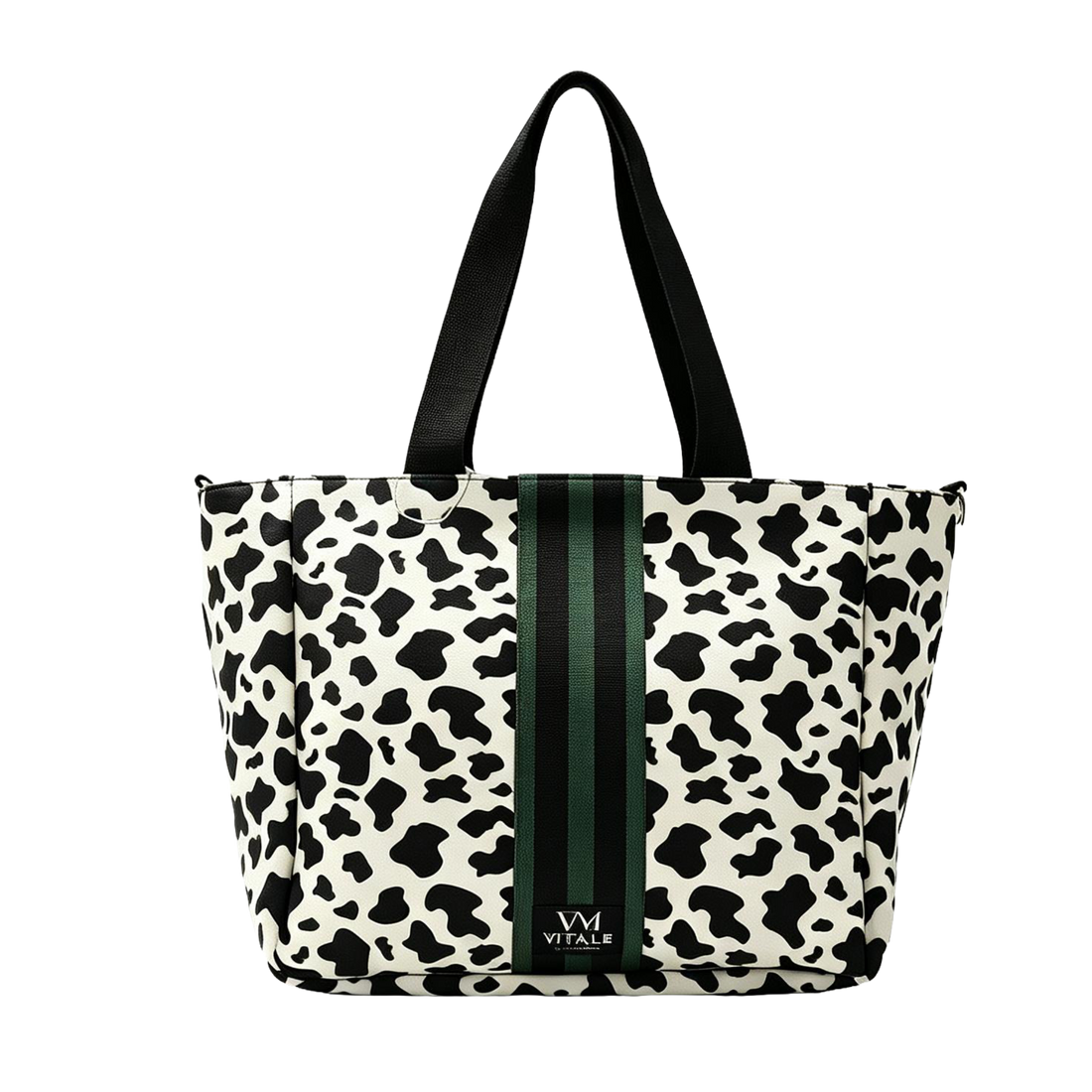 Vitale by Myriad Dublin neoprene tote in cow print with a striped center panel