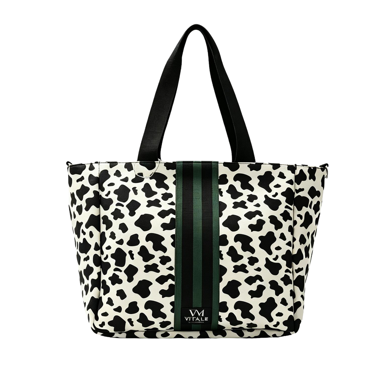 Vitale by Myriad Dublin neoprene tote in cow print with a striped center panel