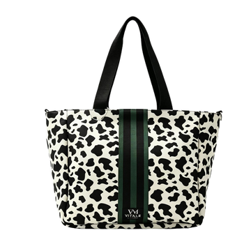 Vitale by Myriad Dublin neoprene tote in cow print with a striped center panel