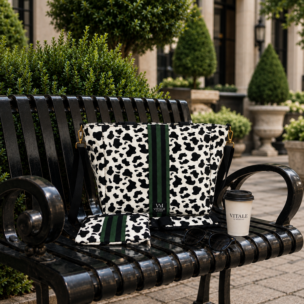 Vitale by Myriad Dublin cow print tote and matching pouch on a black park bench beside a Vitale coffee cup
