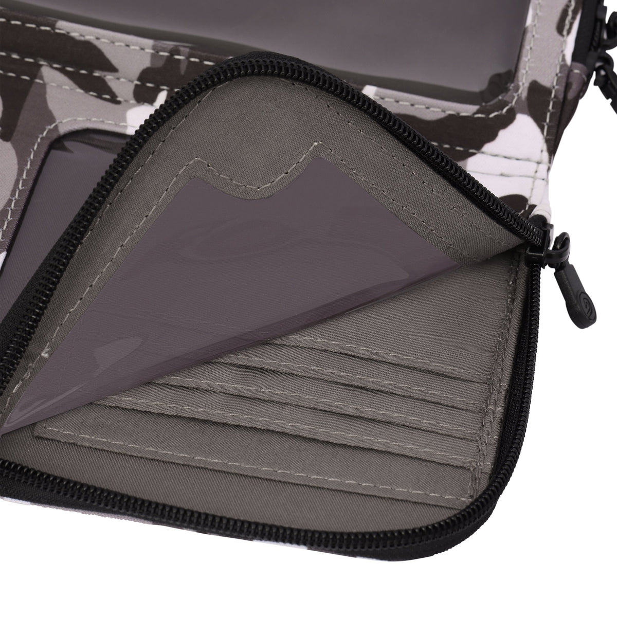 Close-up of the four RFID-blocking card slots inside the Eros black camo neoprene crossbody