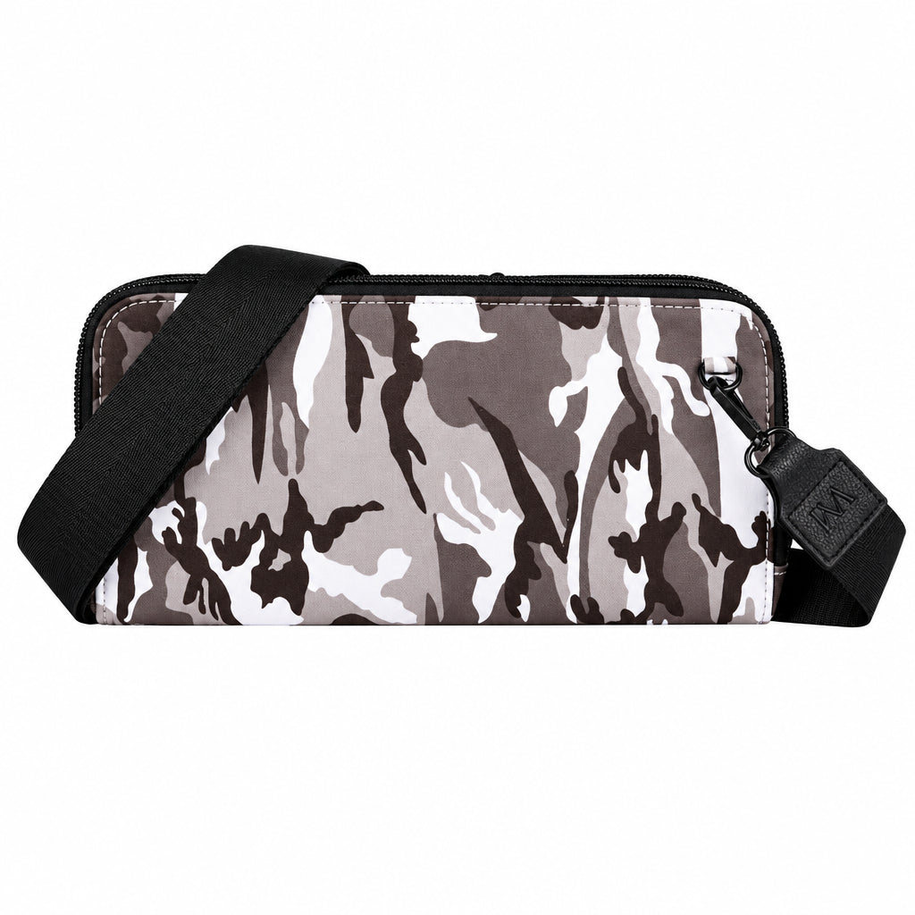 Vitale by Myriad Eros RFID crossbody clutch in black camo neoprene with its detachable nylon strap