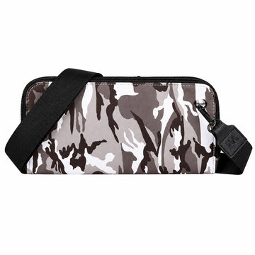 Vitale by Myriad Eros RFID crossbody clutch in black camo neoprene with its detachable nylon strap