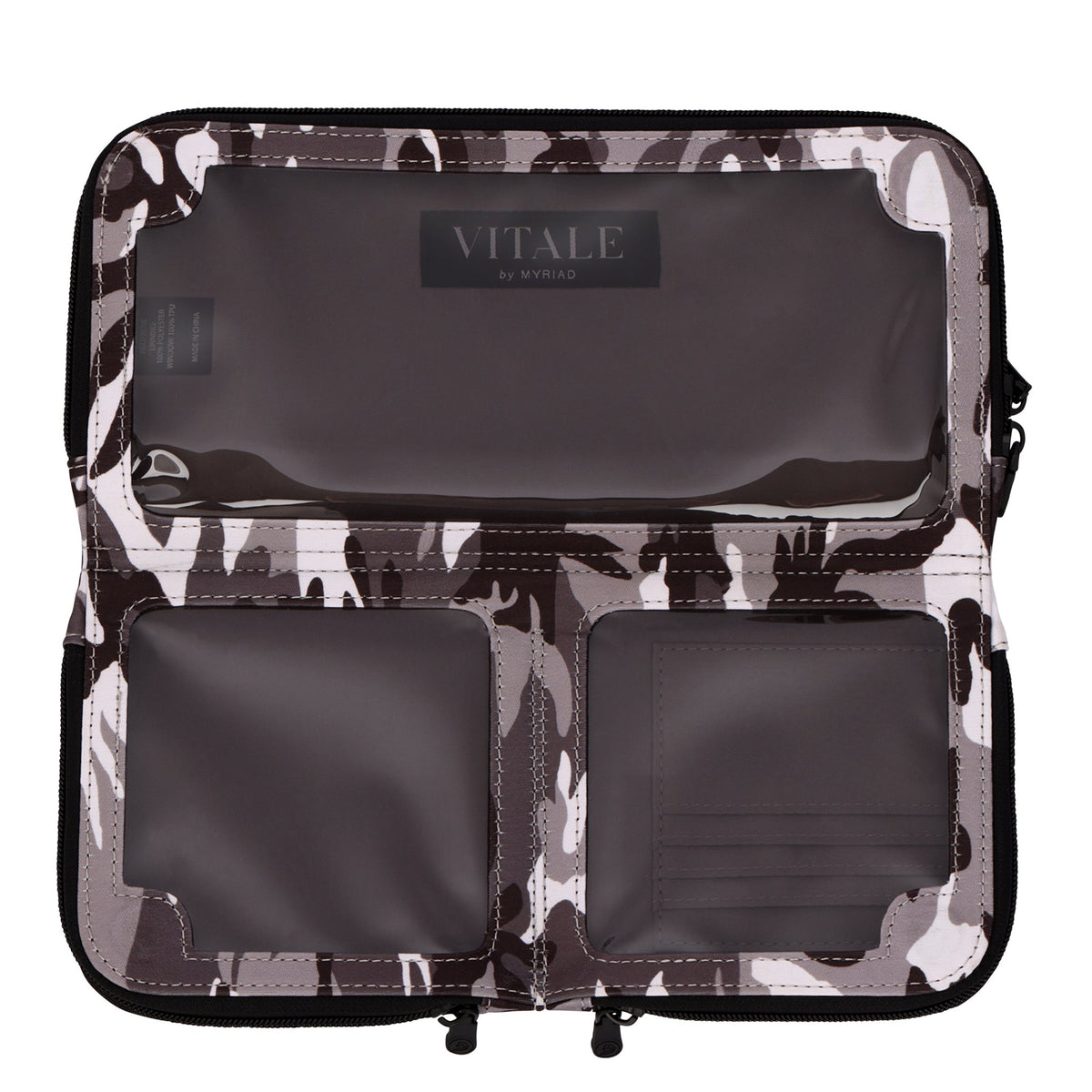 Eros black camo RFID neoprene crossbody open flat showing the touchscreen phone pocket and two zippered compartments