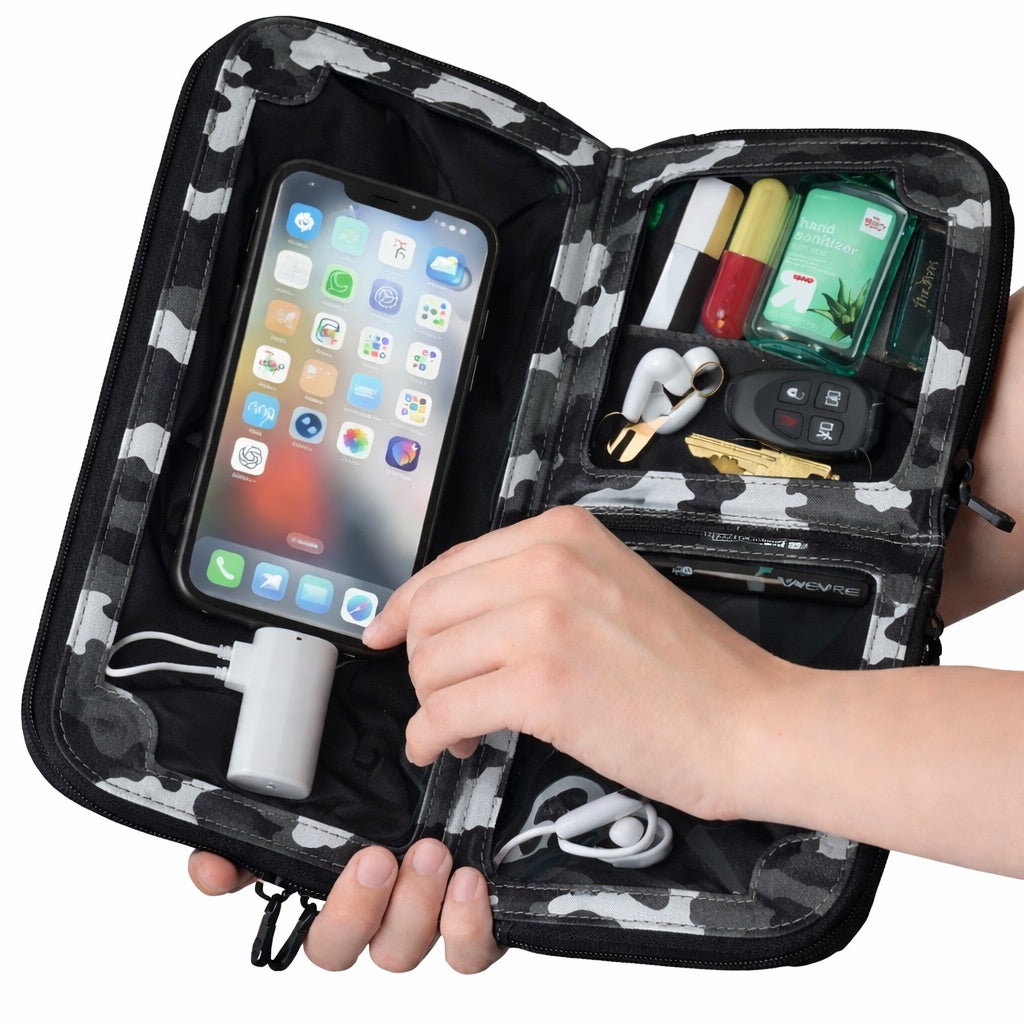 Hands holding the Eros black camo RFID neoprene crossbody open, phone in the touchscreen pocket, essentials above