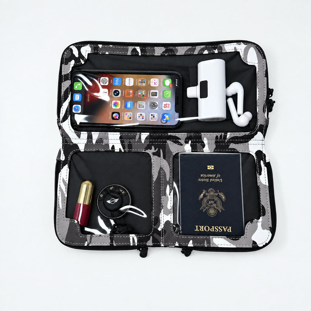 Eros black camo RFID neoprene crossbody open with a phone in the touchscreen pocket and a passport and essentials below
