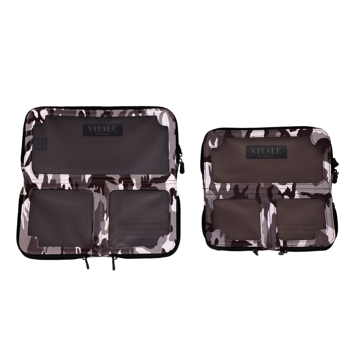 Eros black camo RFID neoprene crossbody in two sizes, 11 x 11 and 9 x 9, open side by side