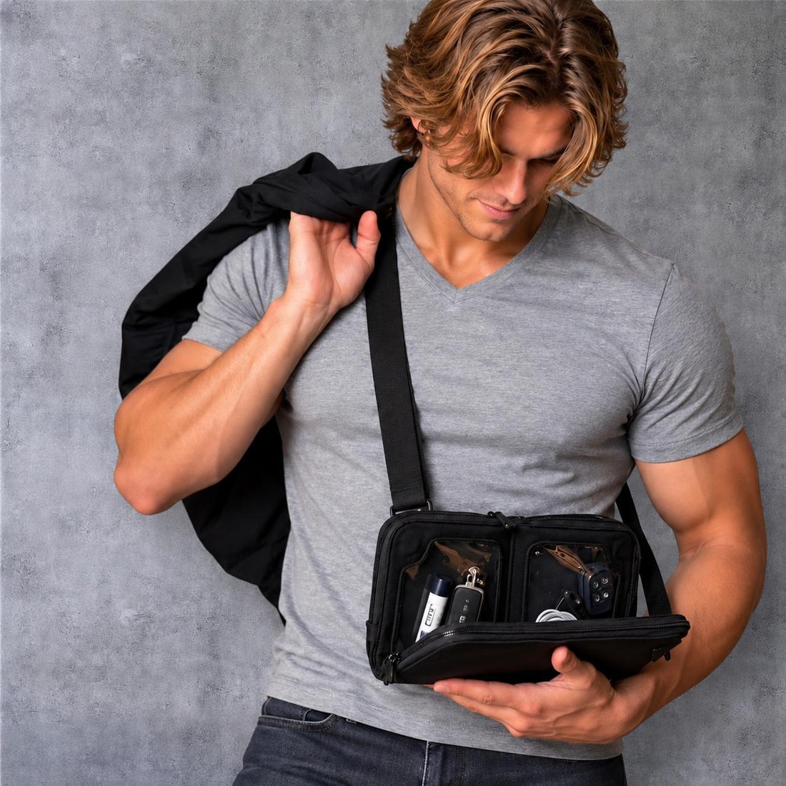 Vitale by Myriad Eros crossbody clutch in black nylon, front view