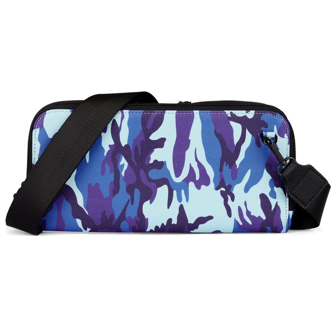 Vitale by Myriad Eros RFID crossbody clutch in blue camo neoprene with its detachable black nylon strap