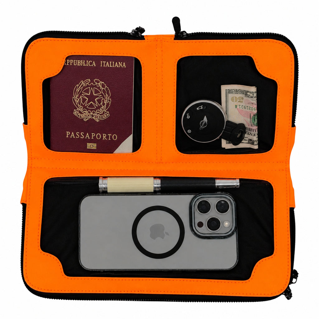 Eros orange nylon crossbody clutch open flat with a phone in the touchscreen pocket and a passport in a top compartment