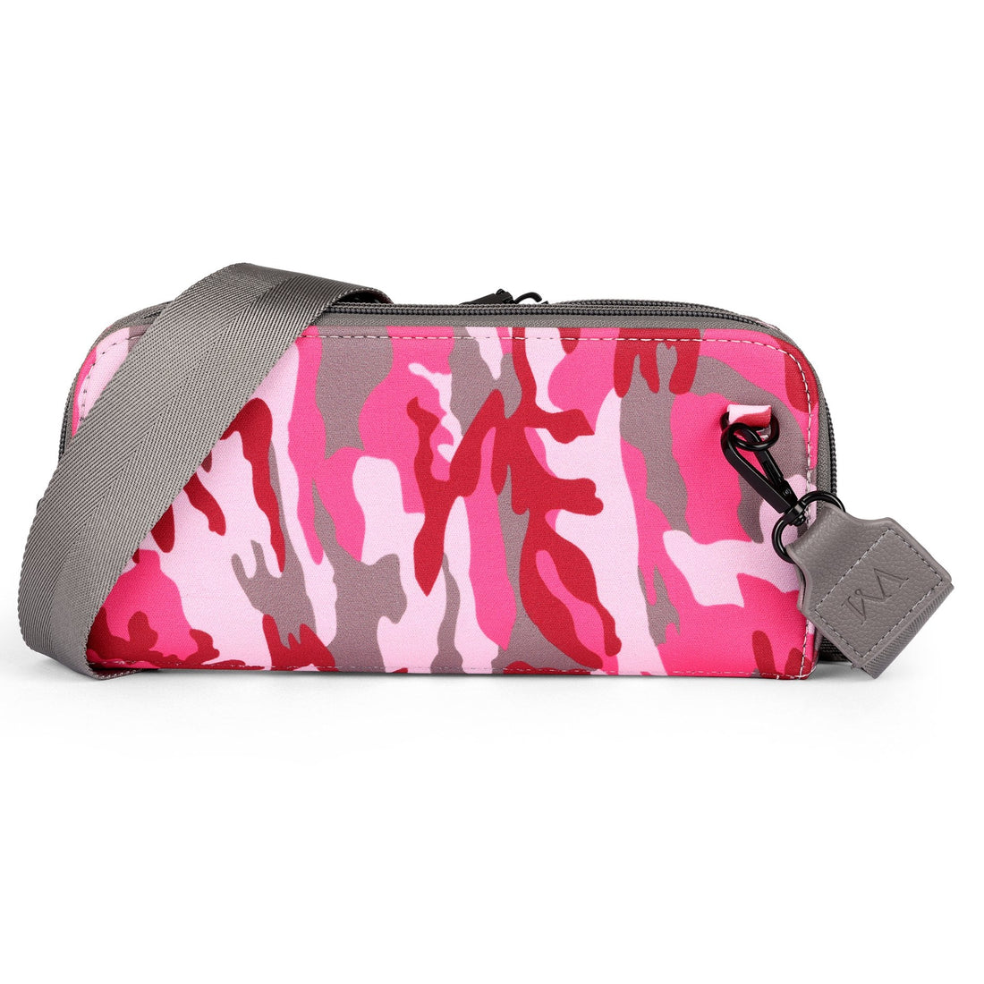 Vitale by Myriad Eros RFID crossbody clutch in pink camo neoprene with its detachable gray nylon strap