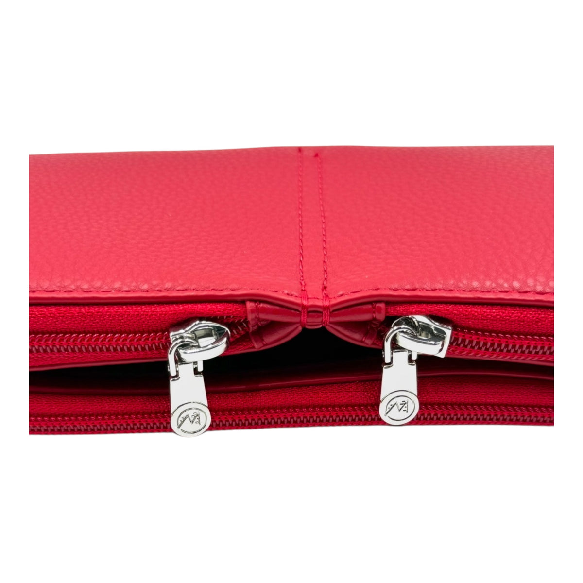Close-up of the Vitale by Myriad Hestia scarlet red crossbody in vegan leather