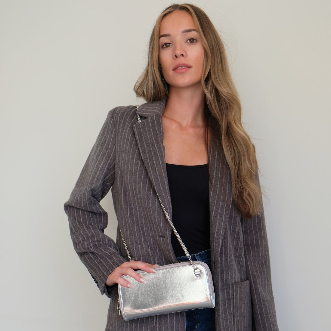 Vitale by Myriad Hestia silver metallic mini crossbody, vegan leather with touchscreen phone pocket