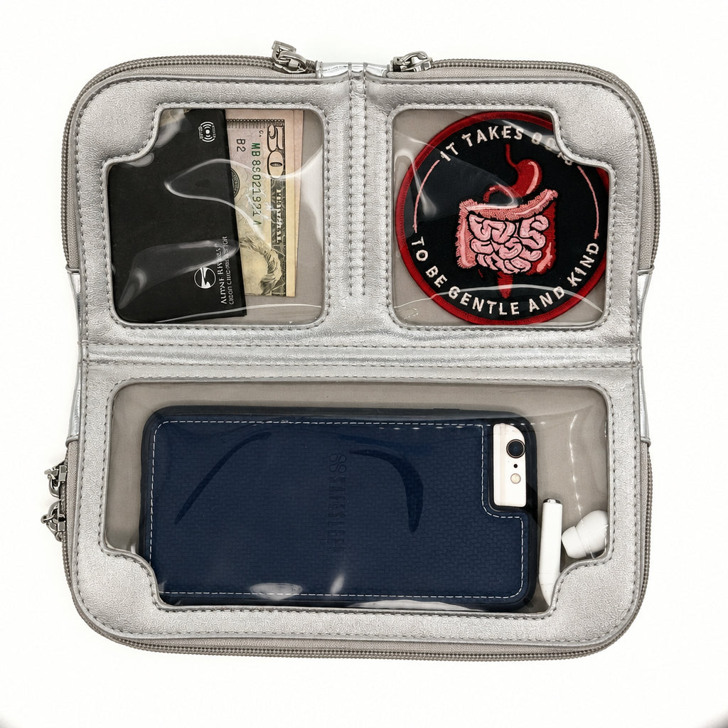 Hestia silver metallic mini crossbody open flat, phone in the bottom touchscreen pocket, cards and cash above