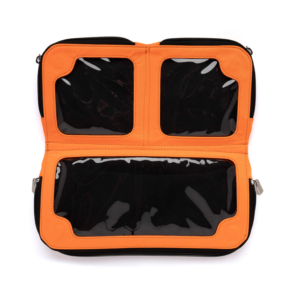 Vitale by Myriad orange shoulder bag open showing organized compartments - premium nylon with clear sections