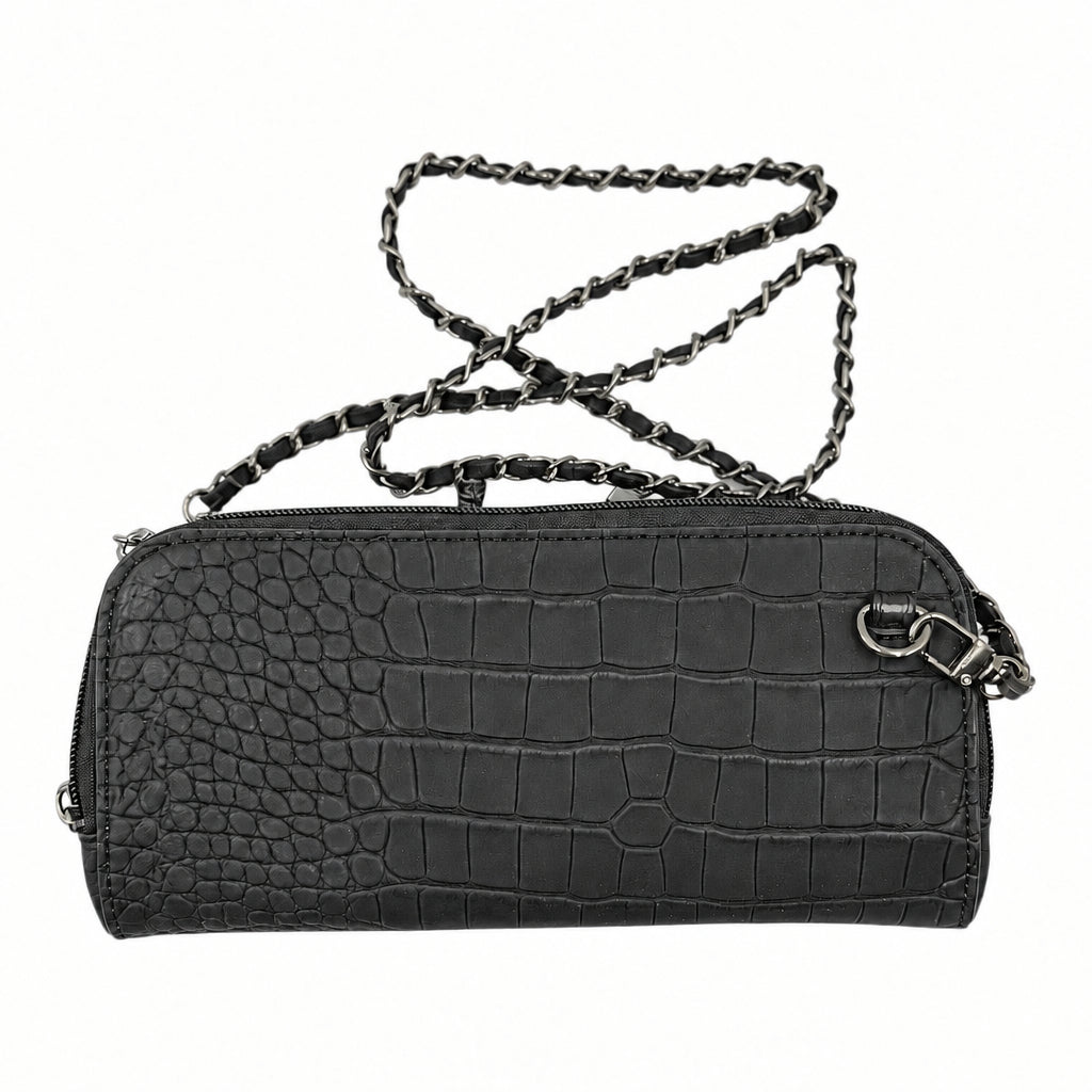 Vitale by Myriad Osmand black matte croc crossbody with its detachable silver chain strap threaded with vegan leather