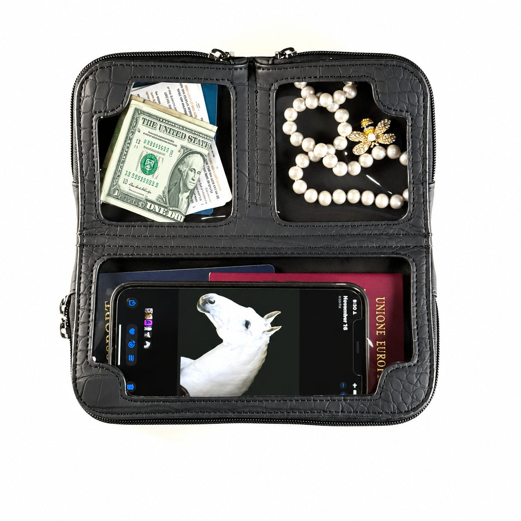 Osmand black matte croc opened flat, phone in the large bottom touchscreen pocket, cash and pearls in the top compartments
