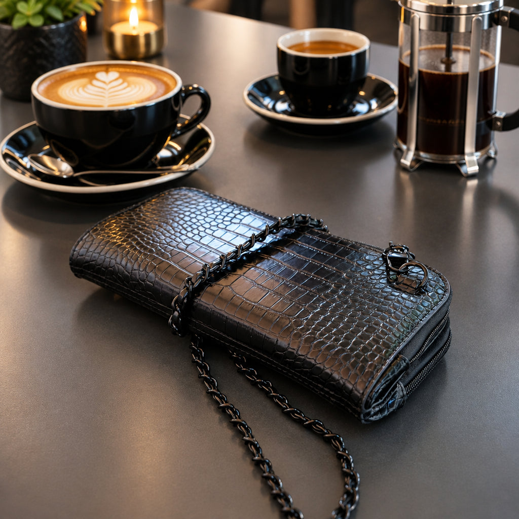 Osmand black shiny croc mini with its chain strap on a bar table next to a glass of beer