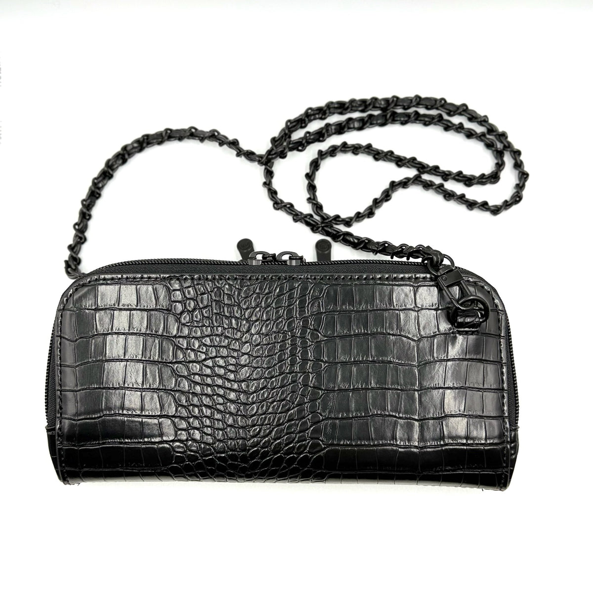Vitale by Myriad Osmand black shiny croc mini with its detachable matte black chain strap threaded with vegan leather