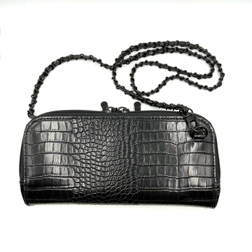 Vitale by Myriad Osmand black shiny croc mini with its detachable matte black chain strap threaded with vegan leather