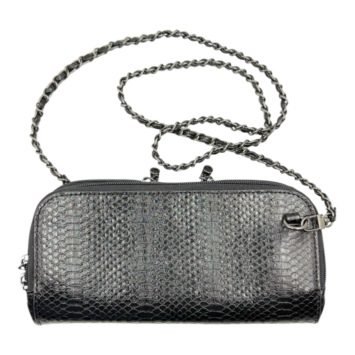Petrel black snake print mini crossbody clutch with its 44 inch chain strap threaded with vegan leather