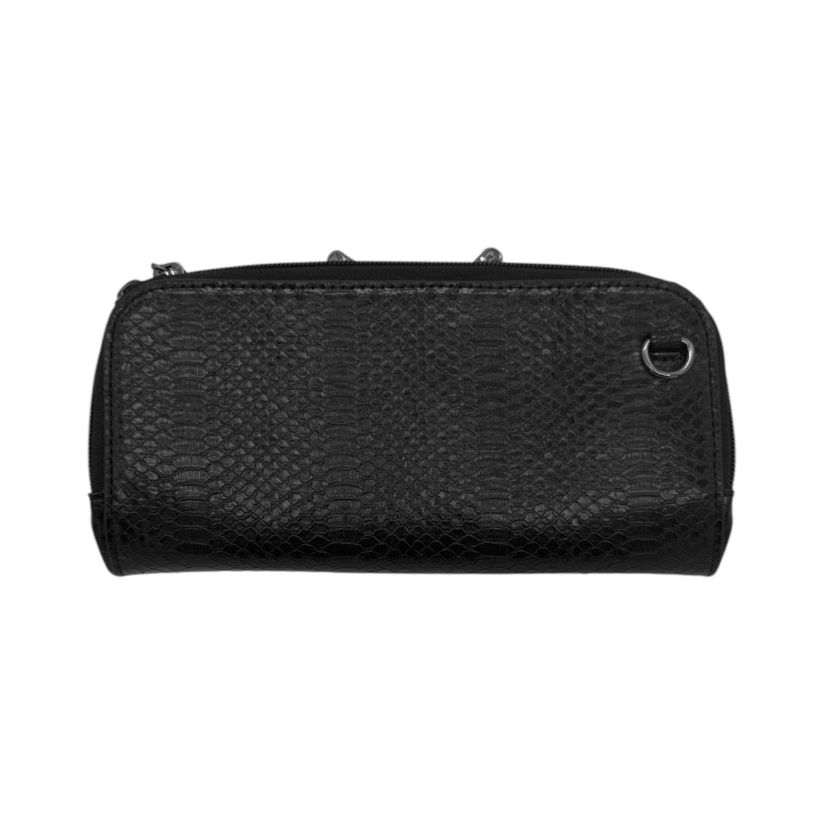 Vitale by Myriad Petrel mini crossbody clutch in black snake print vegan leather with matte black hardware, front view