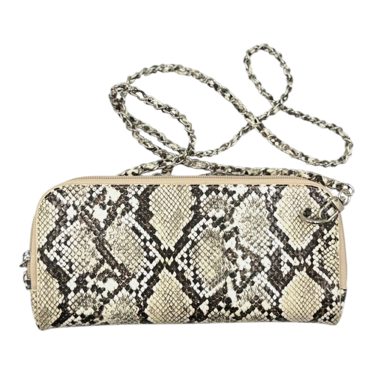 Petrel natural snake print mini crossbody clutch with its 44 inch chain strap threaded with vegan leather