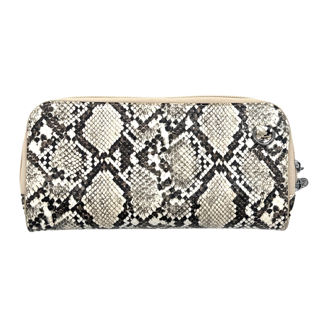 Vitale by Myriad Petrel mini crossbody clutch in natural snake print vegan leather with gunmetal hardware, front view