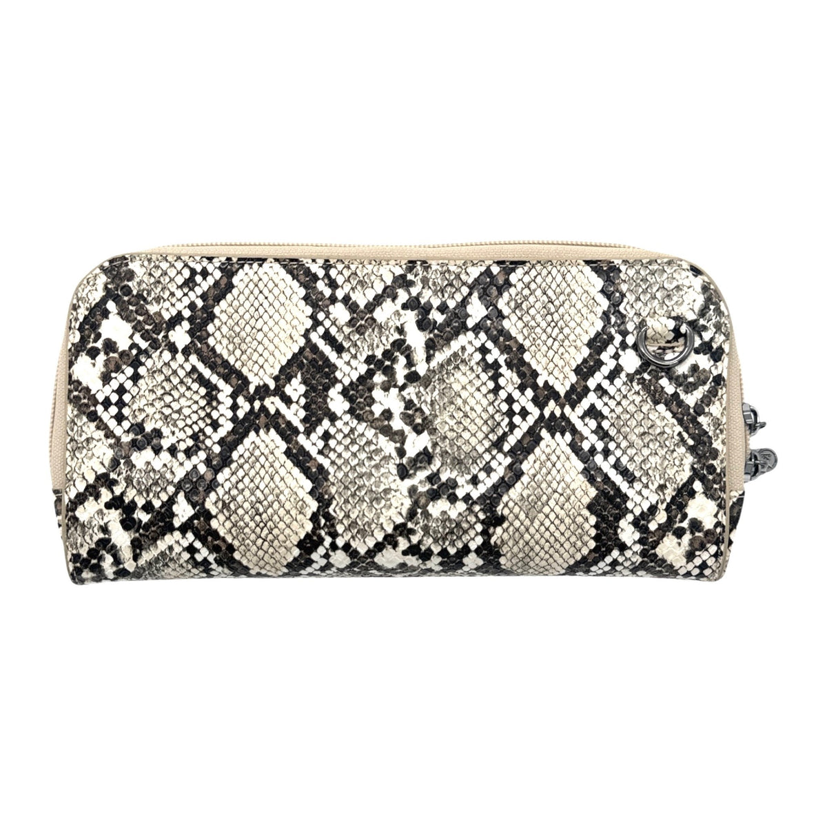 Vitale by Myriad Petrel mini crossbody clutch in natural snake print vegan leather with gunmetal hardware, front view