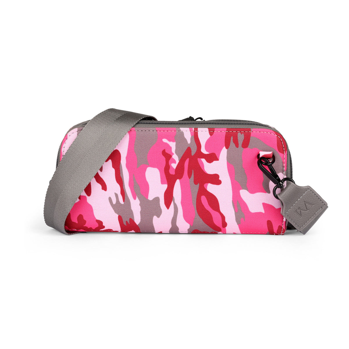 Pink camo Vitale by Myriad crossbody bag, closed, with a gray adjustable strap