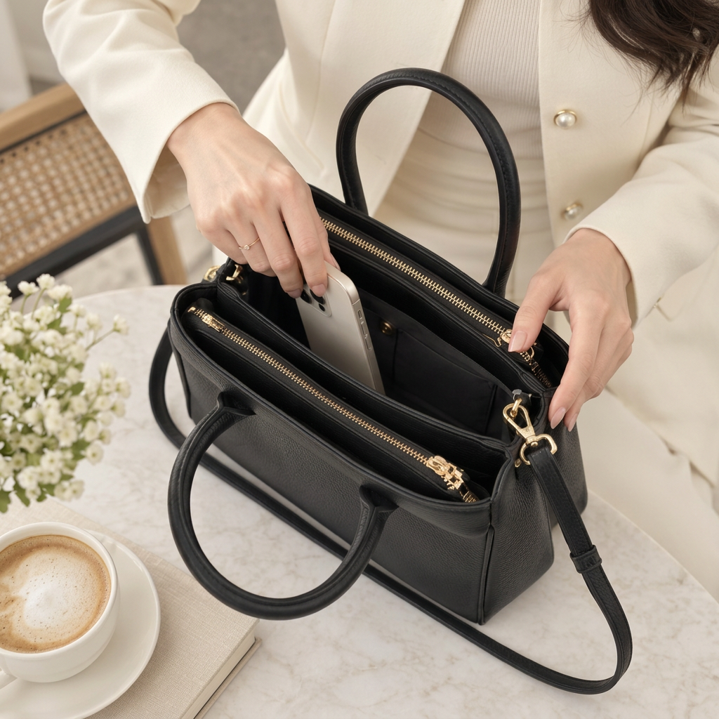 Hands placing a phone into a zippered compartment of the Roma black pebbled leather tote