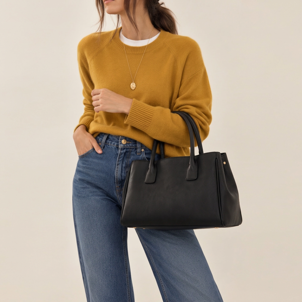 Vitale by Myriad Roma tote in black pebbled leather, front view with two top handles on a white background